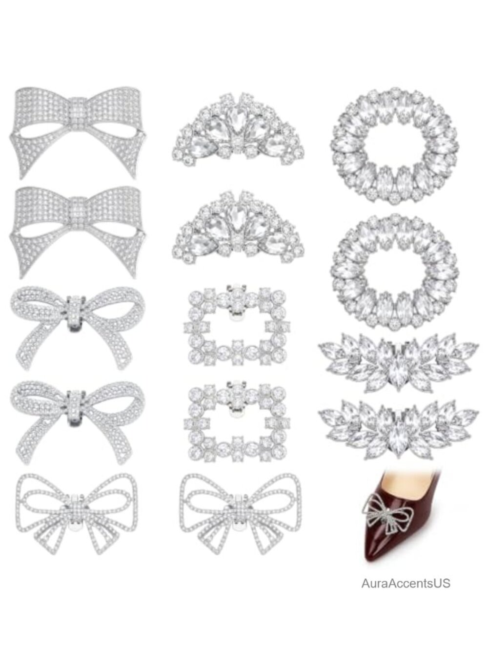 14 Pack Rhinestone Bow Shoe Clips Removable Dress Shoe Jewelry Women